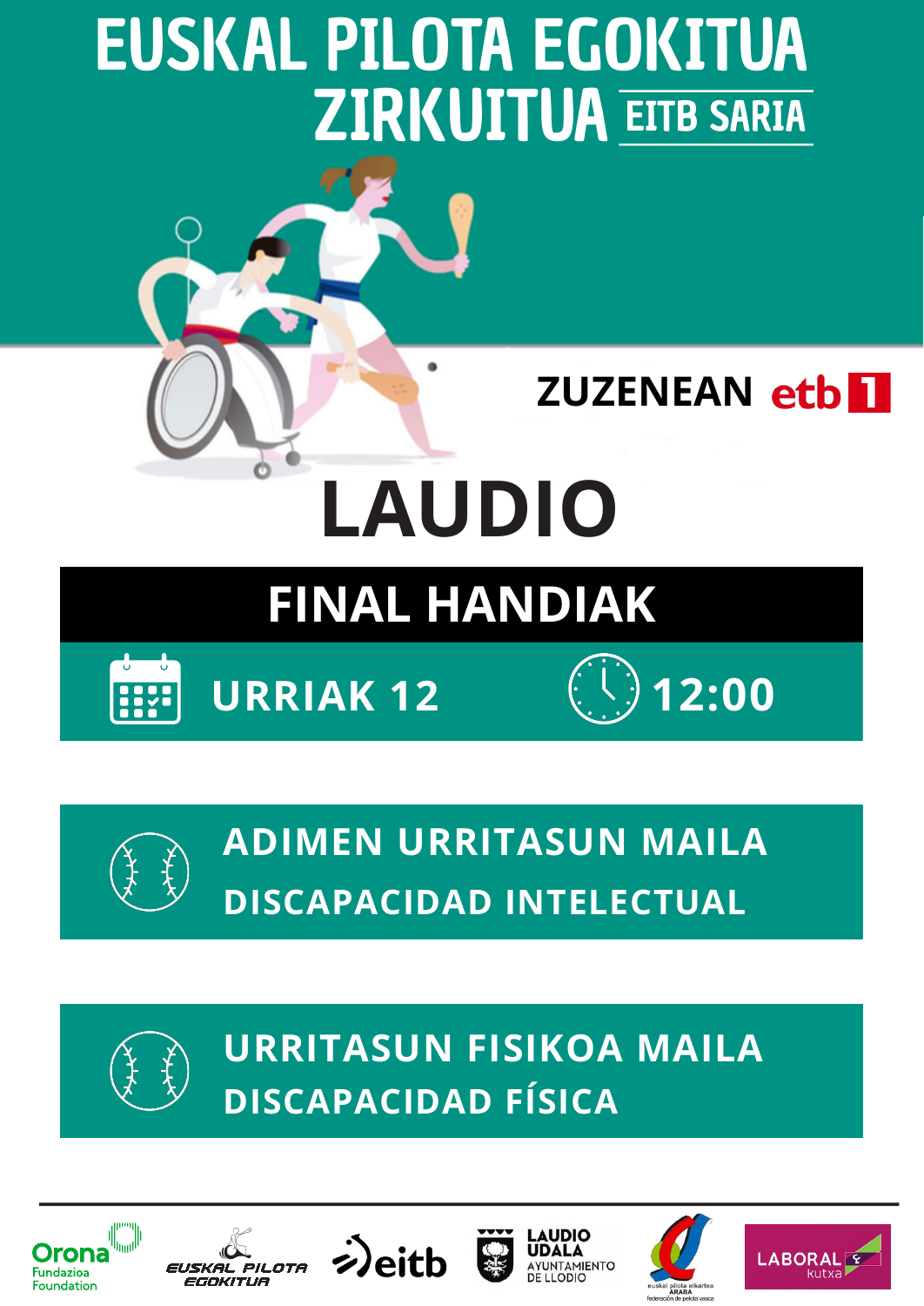 Euskal Pilota Egokituko Laudioko final handien kartela: urriaren 12an, 12:00etan, zuzenean ETB1en